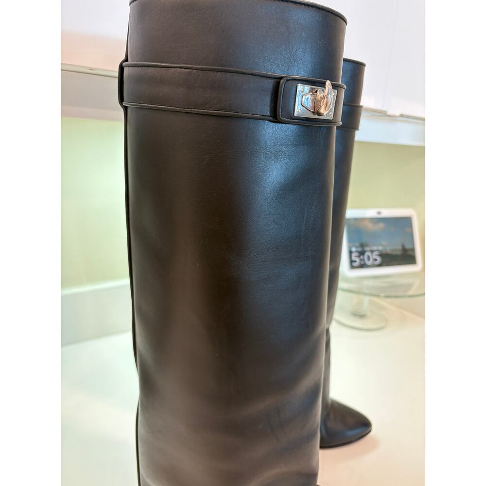 Givenchy Black Leather Knee-High Wedge Boots with Buckle Detail - Picture 7 of 16